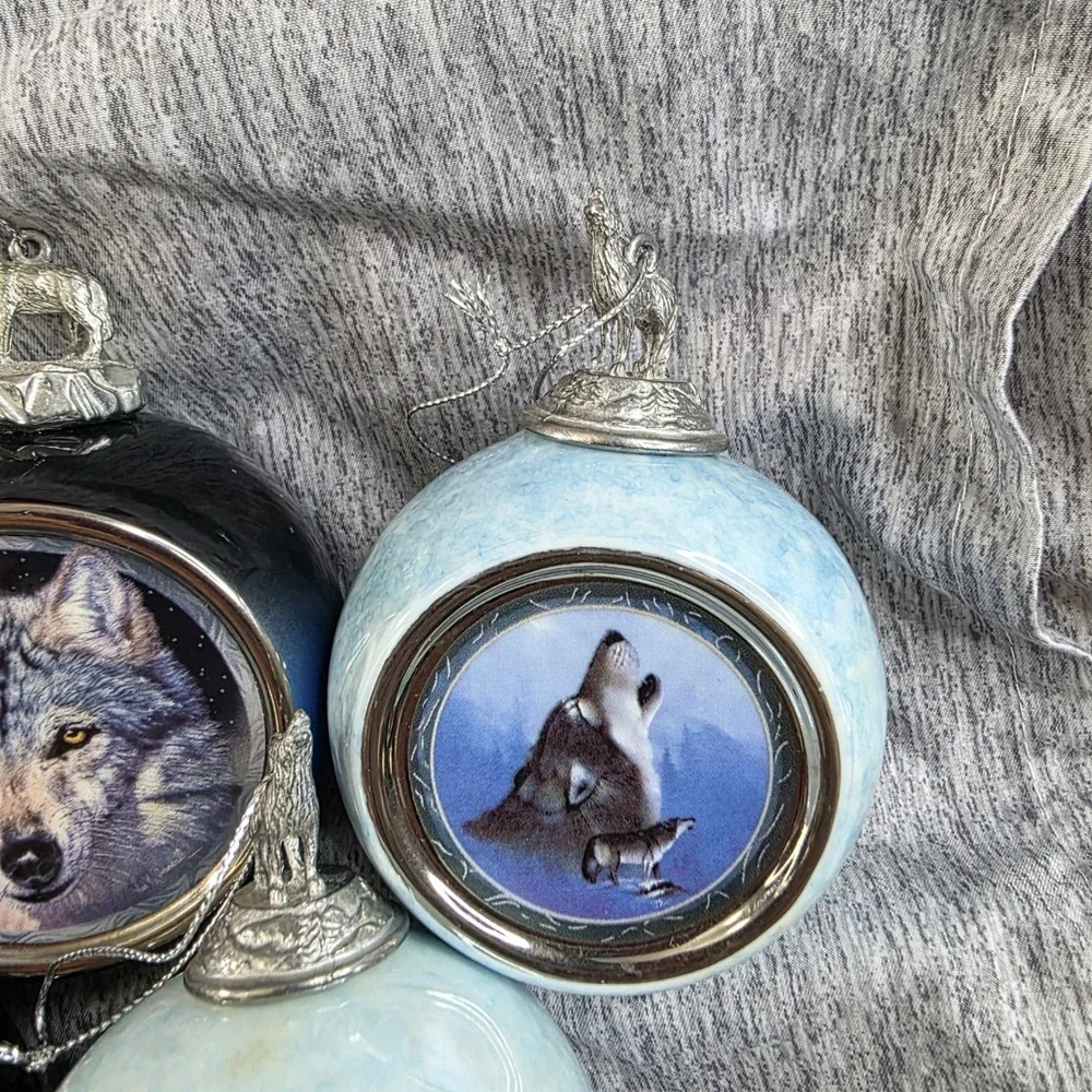 Bradford Editions Wolf Christmas Ornament Set of 5 Pewter Toppers 1997